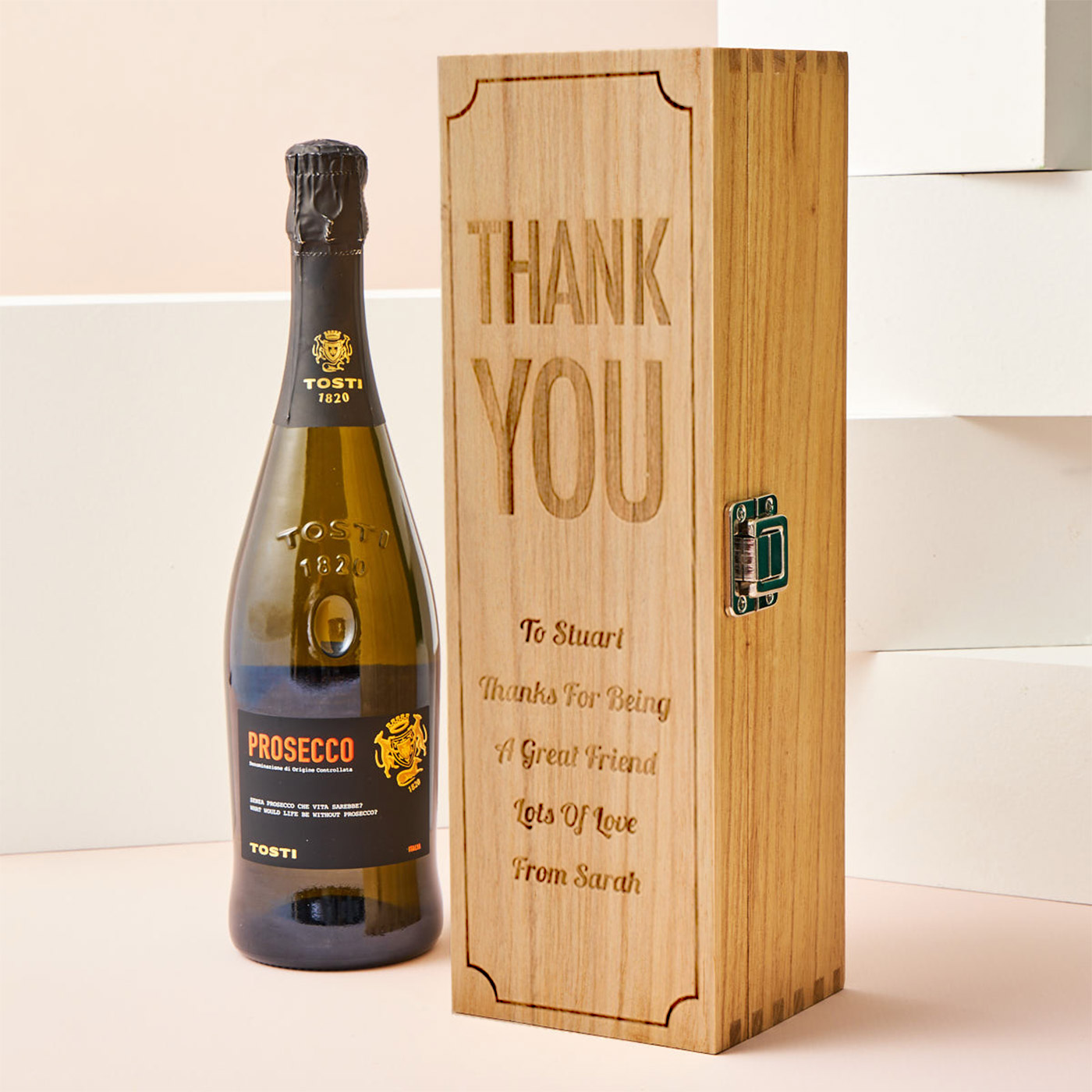 Engraved Wooden Box With Luxury Prosecco - Thank You