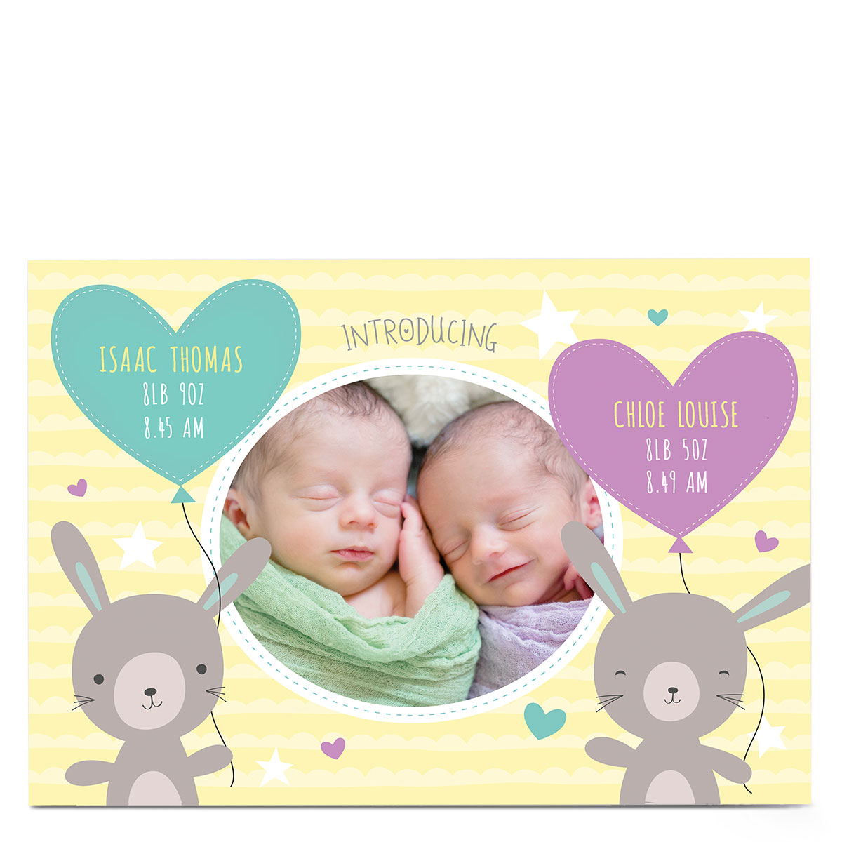 New Baby Photo Card - Twin Bunnies