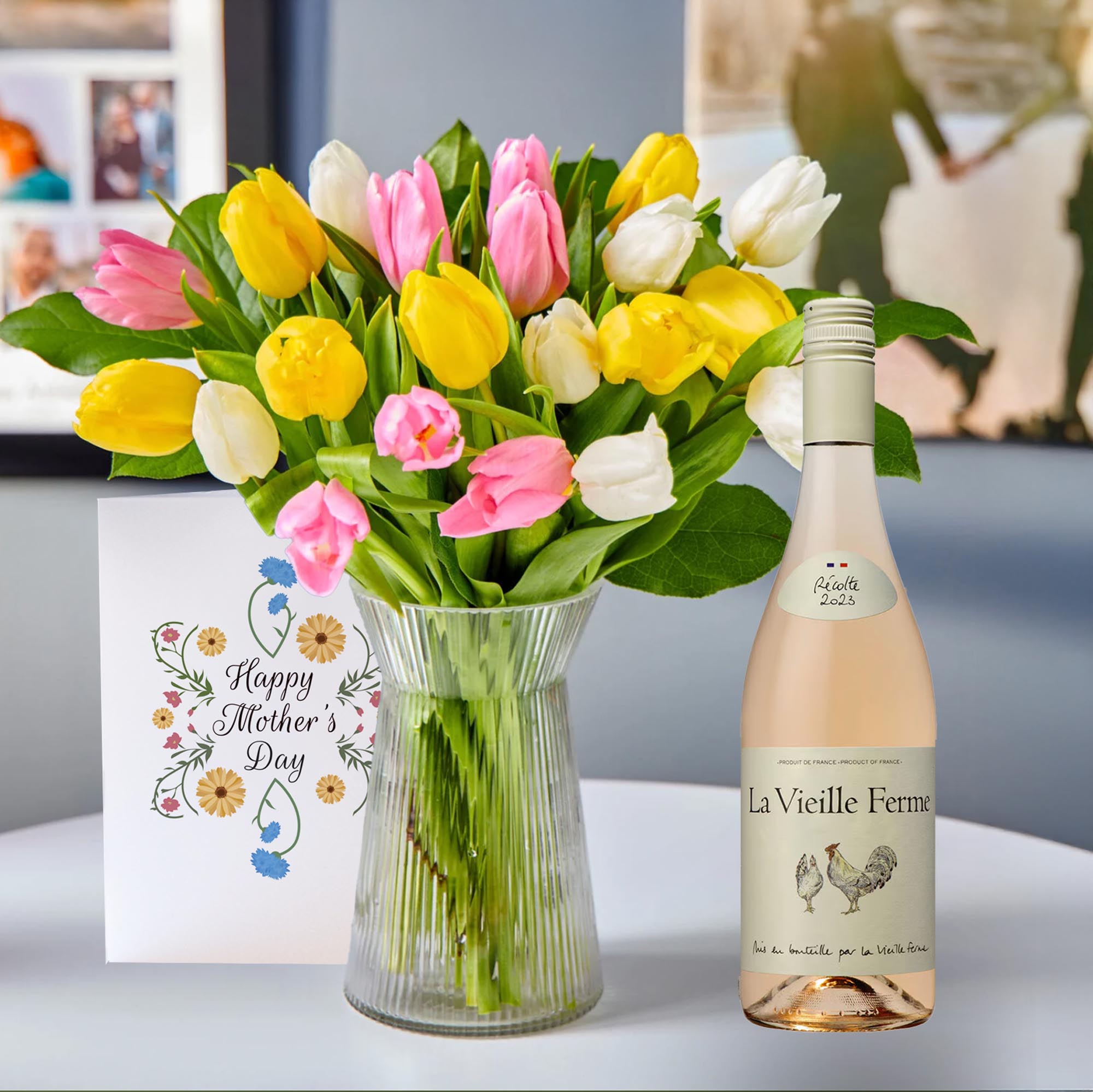 Blossoming Gifts Spring Tulips, La Vielle Ferme Rose & Mother's Day Card - Free Delivery!