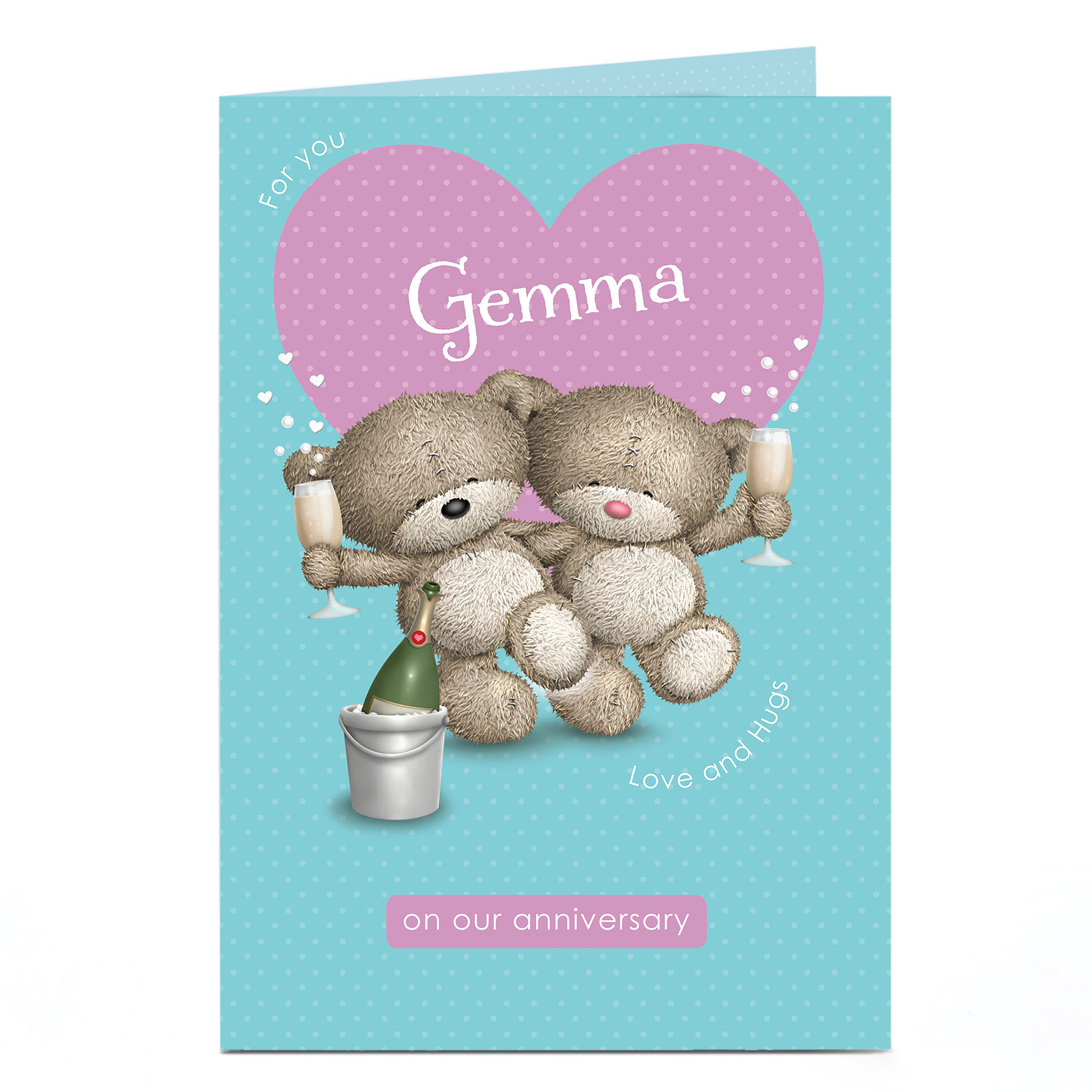 Personalised Hugs Bear Anniversary Card - Champagne Hearts