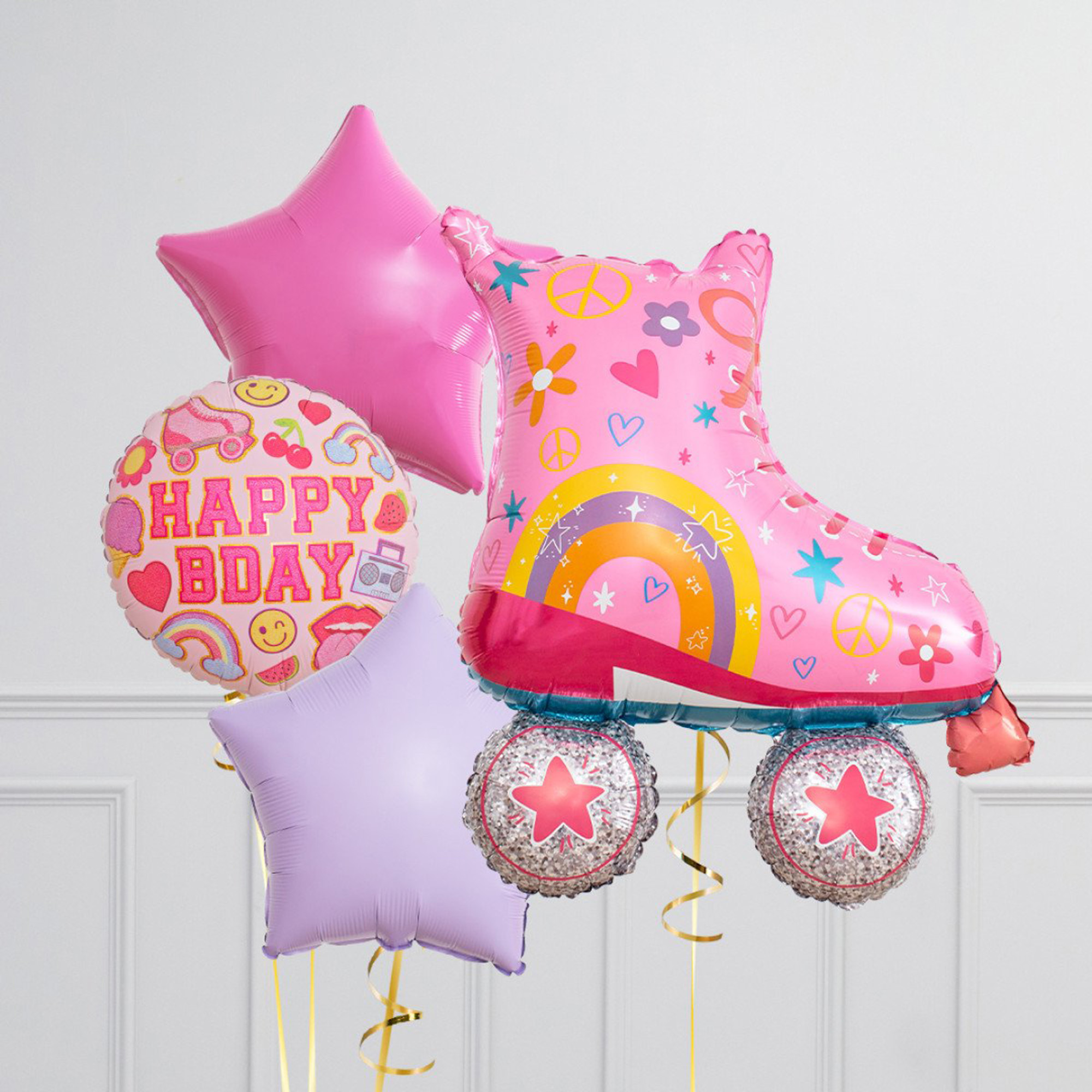 Rainbow Rollerskate Birthday Supershape & Foil Balloon Package - Delivered Inflated!