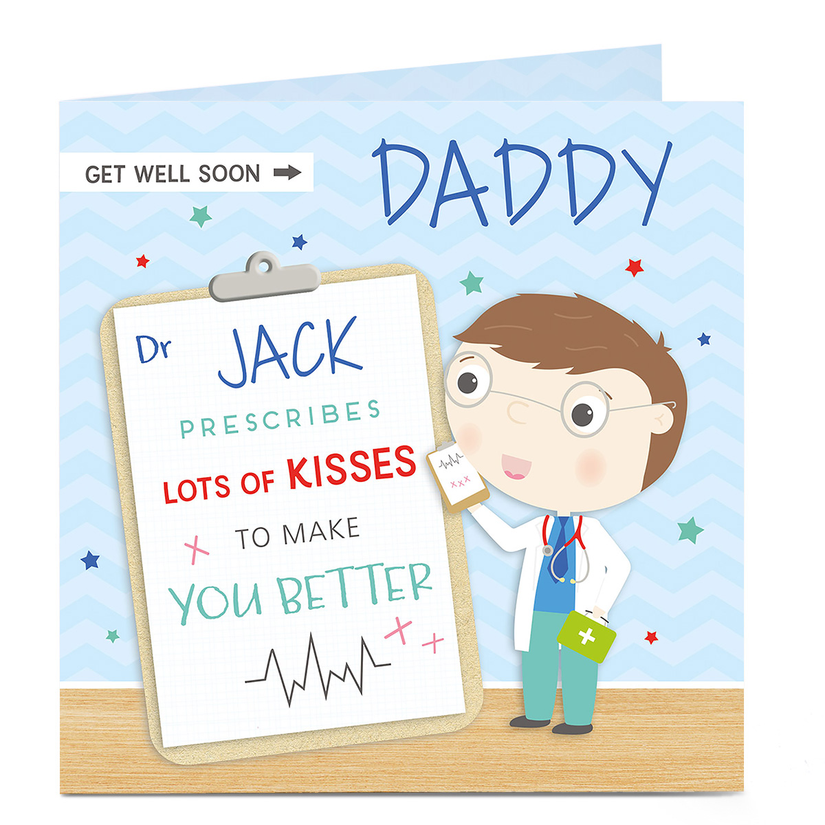 Personalised Get Well Soon Card - Dr Prescribes Lots Of Kisses Blue