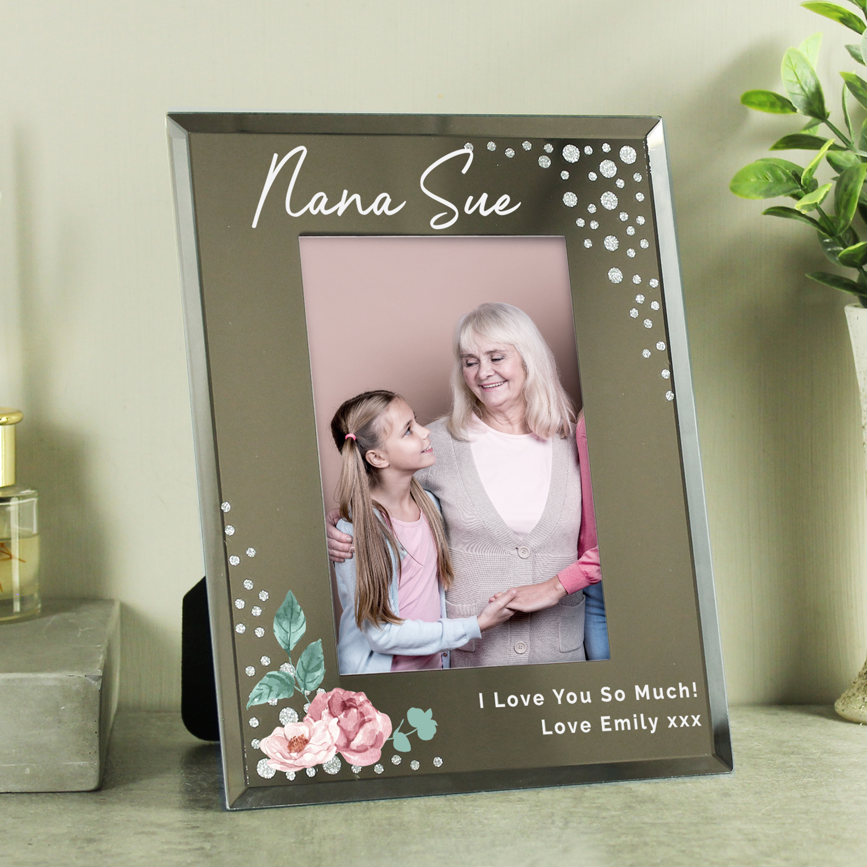 Personalised Floral Diamante Glass Photo Frame