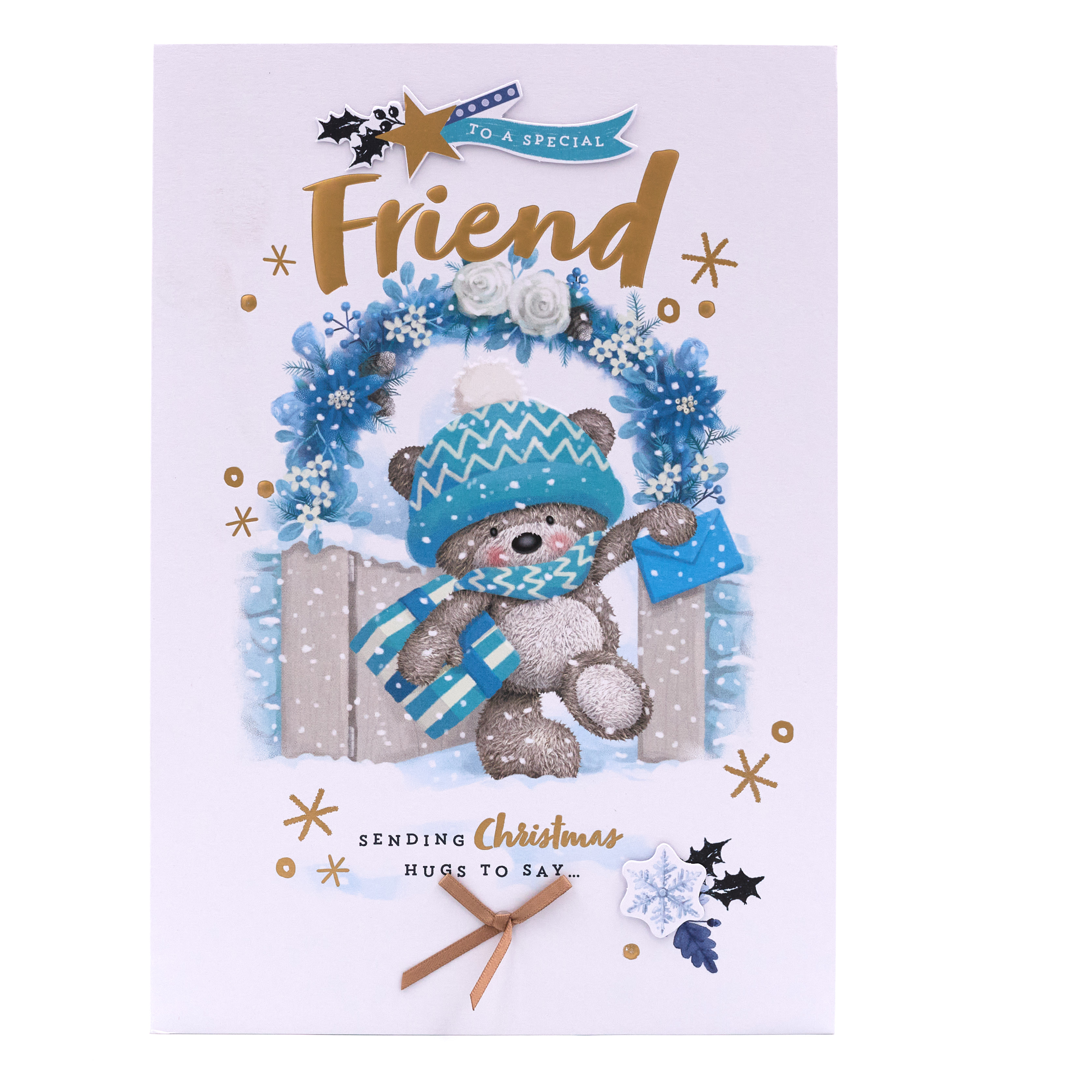 Hugs Bear Christmas Card - Friend, Cute Bear With Presents