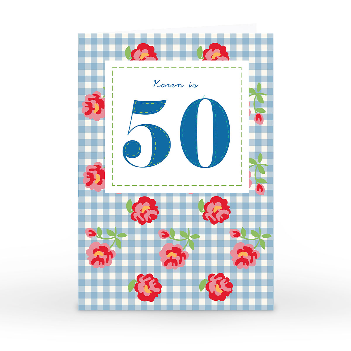 Personalised 50th Birthday Card - Roses & Gingham