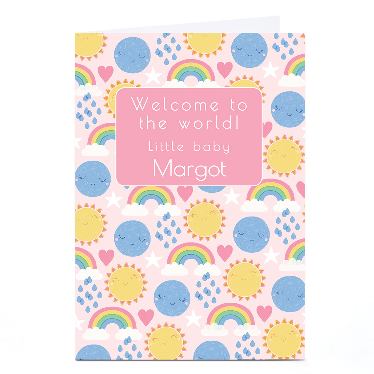 Personalised Hannah Steele New Baby Card - Rainbows, Pink
