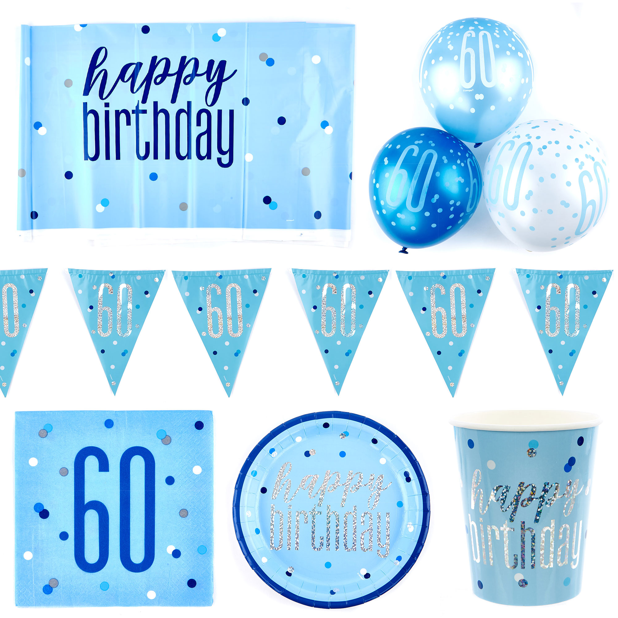 Blue 60th Birthday Party Tableware & Decorations Bundle - 16 Guests