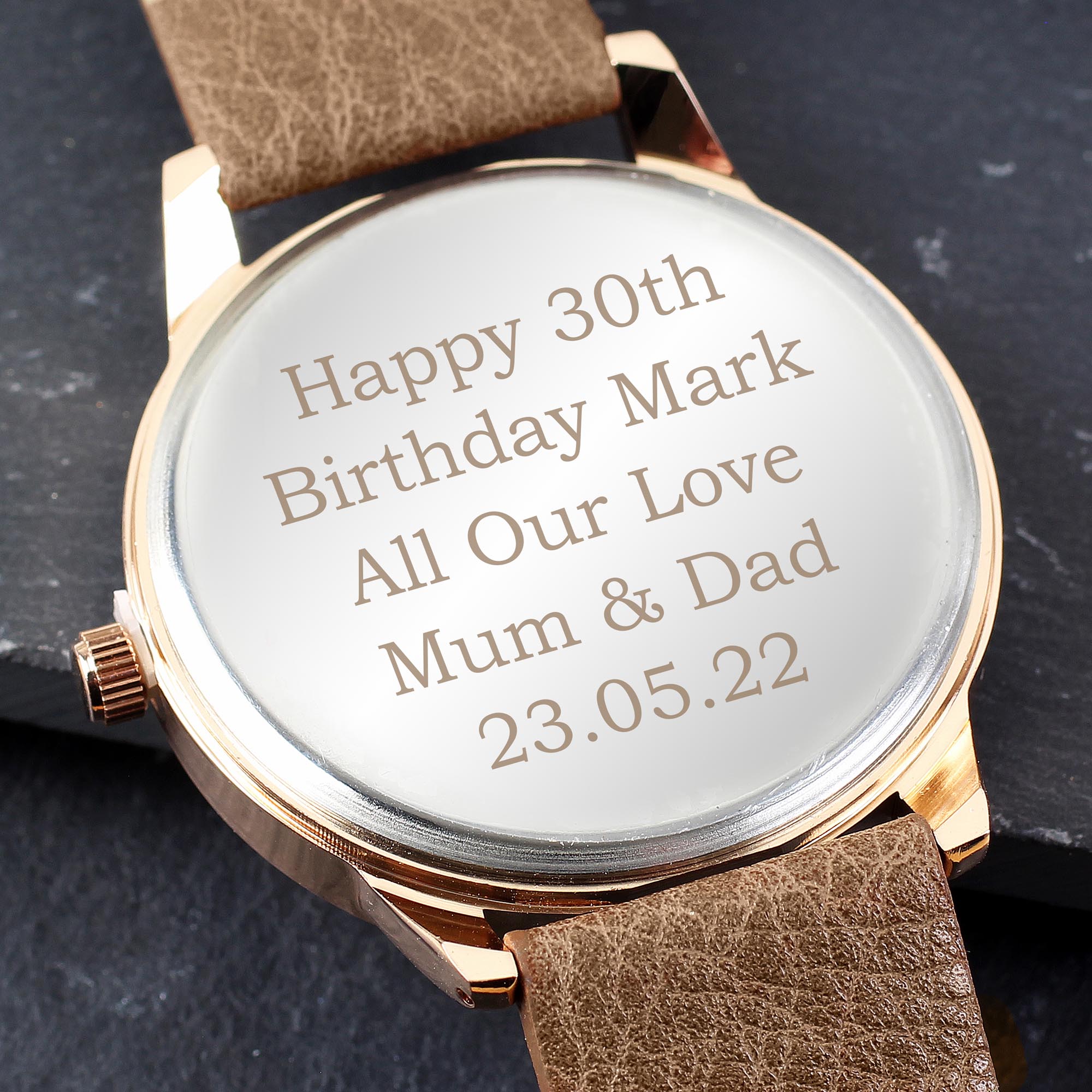 Personalised Men's Rose Gold Tone Watch with Brown Strap & Presentation Box
