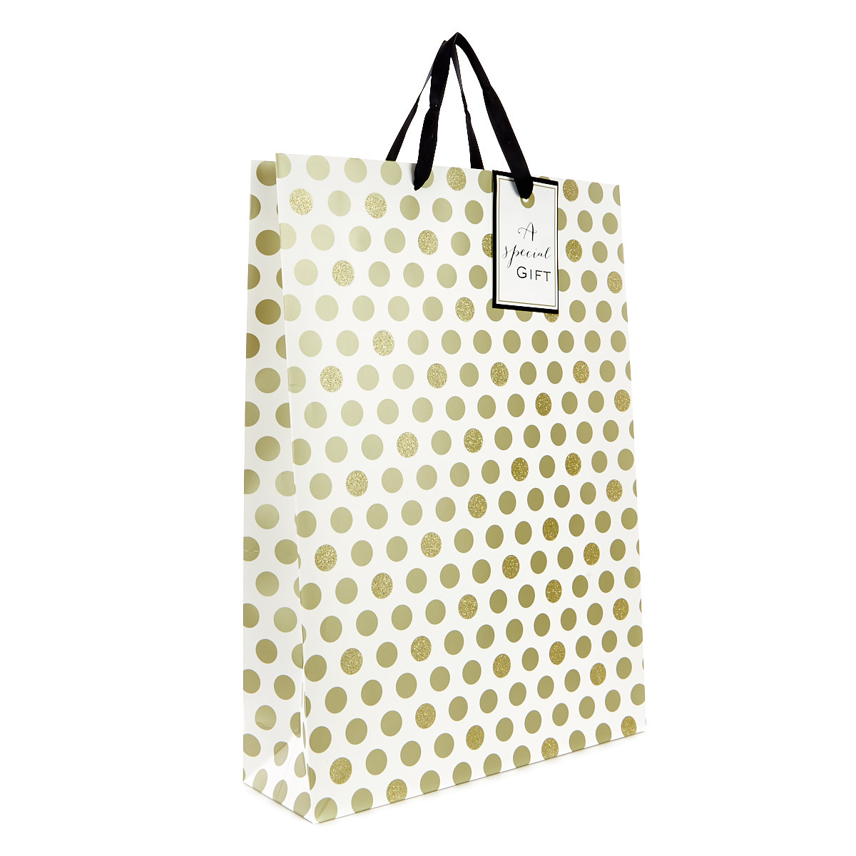 Extra Large Portrait Gold Sparkle Polka Dot Gift Bag - A Special Gift
