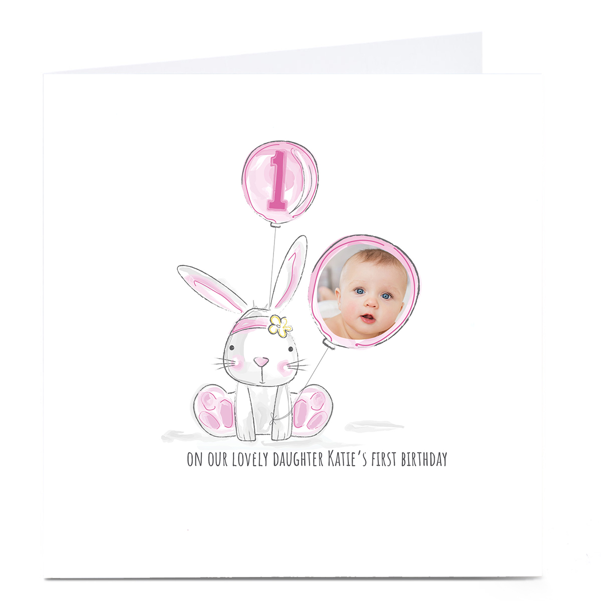 Personalised Rachel Griffin Birthday Photo Card - Pink Rabbit Balloon, 1