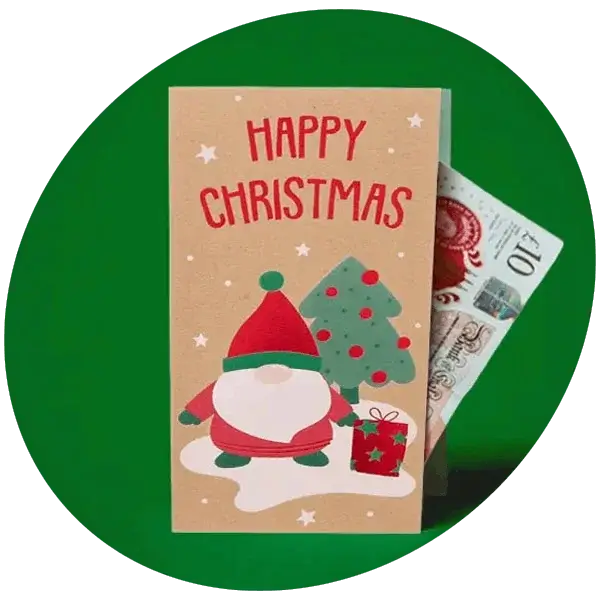 Christmas money wallet featuring a festive gnome, Christmas tree, gift illustration, and Happy Christmas message with a banknote inside.