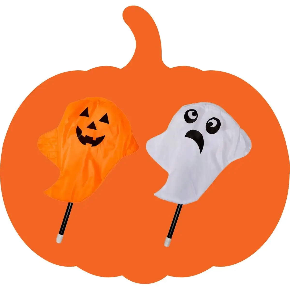 Two ghost-shaped Halloween decorations, one orange with a jack-o'-lantern face and one white with a surprised expression, on an orange pumpkin-shaped background. TTwo ghost-shaped Halloween decorations, one orange with a jack-o'-lantern face and one white with a surprised expression, on an orange pumpkin-shaped background.