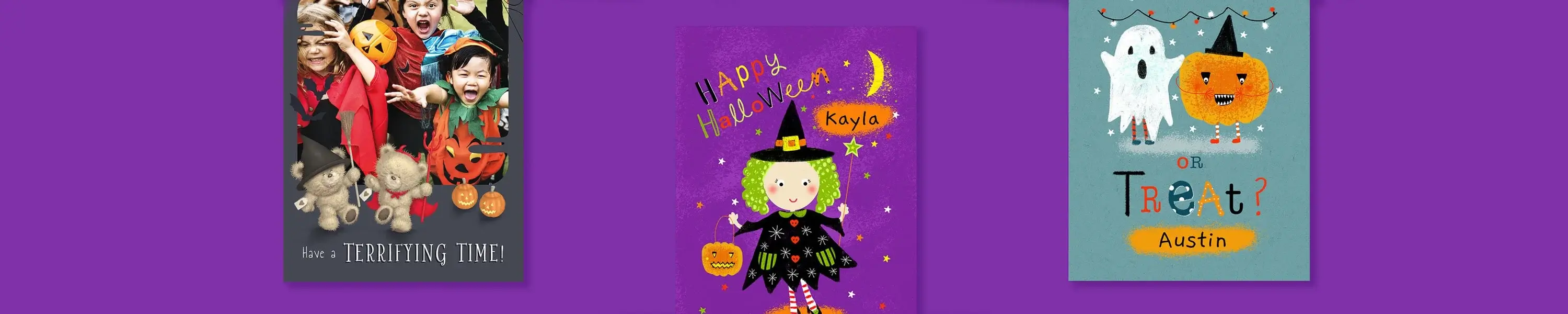 Three Halloween-themed images on a purple background featuring costumed children, a green-haired witch with a pumpkin basket, and a ghost with a pumpkin wearing hats, each with festive text and names. Three Halloween-themed images on a purple background featuring costumed children, a green-haired witch with a pumpkin basket, and a ghost with a pumpkin wearing hats, each with festive text and names.