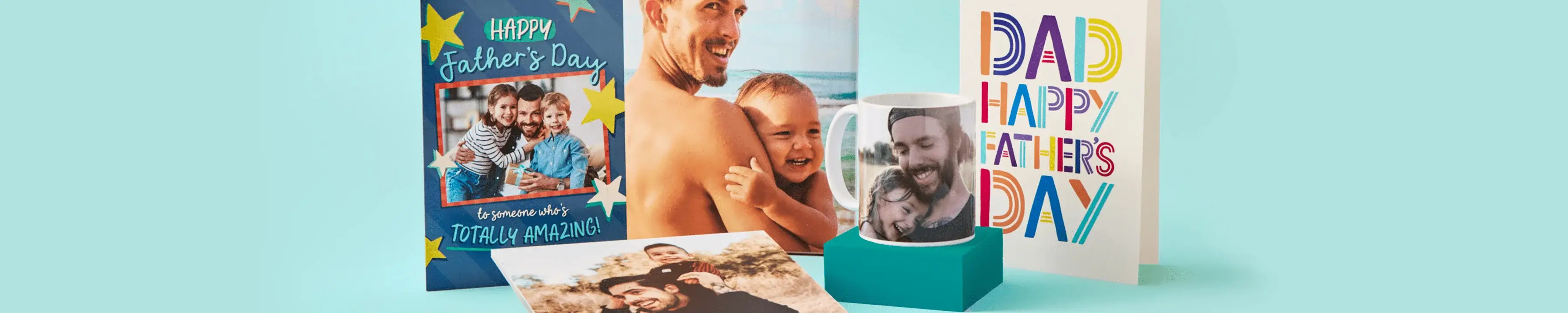 A collection of Father's Day gifts including a card with 'Happy Father's Day' written on it, a photo of a man and child, a mug with an image of a father and child, and another card with 'DAD HAPPY FATHER'S DAY' in colorful letters.' A collection of Father's Day gifts including a card with 'Happy Father's Day' written on it, a photo of a man and child, a mug with an image of a father and child, and another card with 'DAD HAPPY FATHER'S DAY' in colorful letters.'