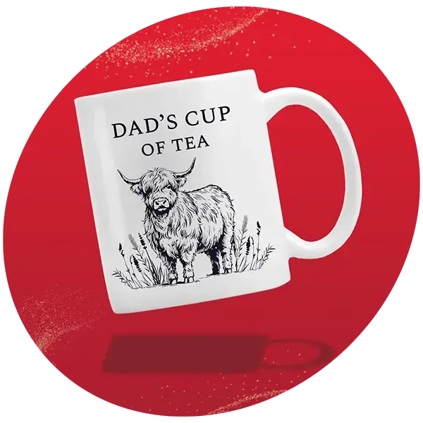 White ceramic mug featuring the text Dads Cup of Tea above an illustration of a Highland cow standing in grass, set against a red background. White ceramic mug featuring the text Dads Cup of Tea above an illustration of a Highland cow standing in grass, set against a red background.
