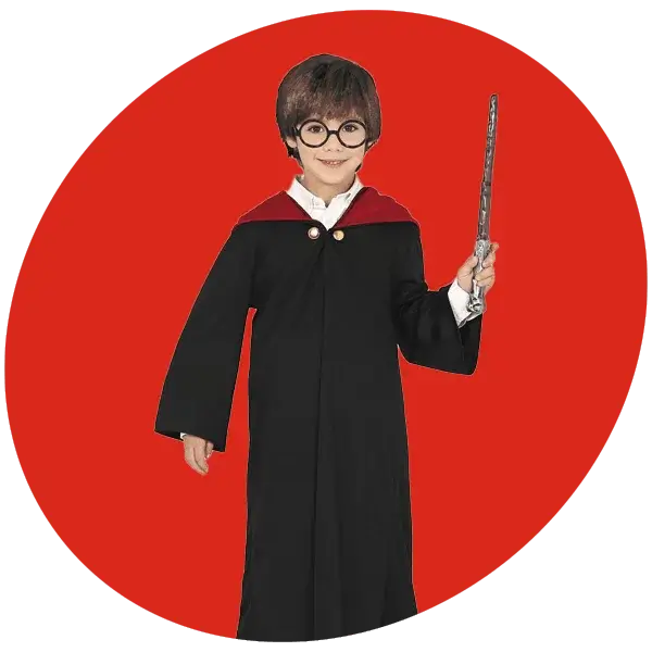 Child wearing a black wizard robe with red accents and holding a wand against a red background