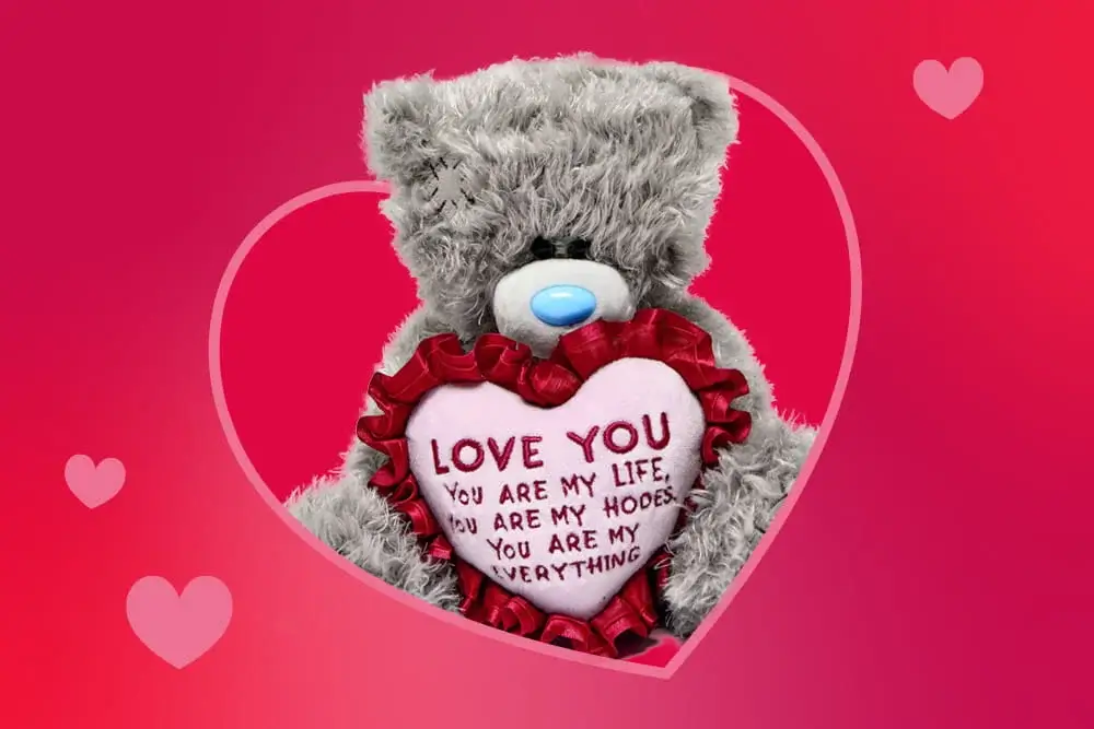 Grey teddy bear holding a heart‑shaped cushion with a red frill and the message love you, you are my life, my hopes, my everything, set against a pink heart‑themed background.