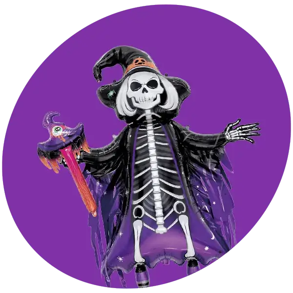 Halloween skeleton witch balloon decoration holding a spooky staff, displayed against a purple background.