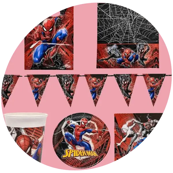 Spider-Man themed party tableware set with plates, cups, napkins, bunting, and web design decorations on a pink background.