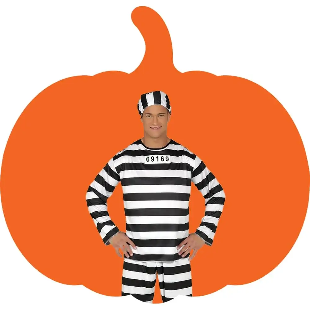 Person in a black and white striped prisoner costume with number '69169', standing in front of a pumpkin-shaped background. Person in a black and white striped prisoner costume with number '69169', standing in front of a pumpkin-shaped background.