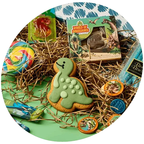Dinosaur-themed gift set with green iced cookie, sweets, lollipop, and chocolate treat boxes arranged on decorative straw background