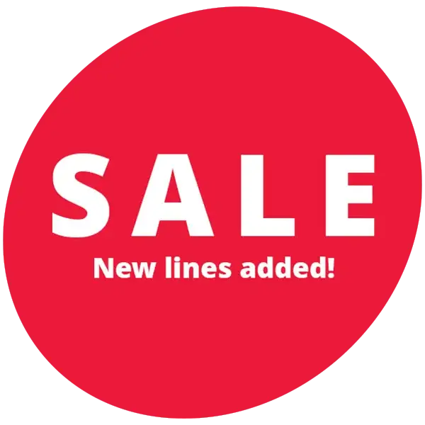 Sale promotion banner with bold white text announcing new lines added, displayed on a bright red background.