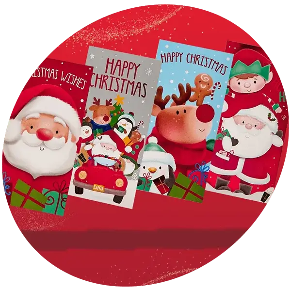 Four festive money wallets with Christmas characters including Santa, a reindeer, and an elf, featuring holiday messages and gift illustrations on a red background. Four festive money wallets with Christmas characters including Santa, a reindeer, and an elf, featuring holiday messages and gift illustrations on a red background.