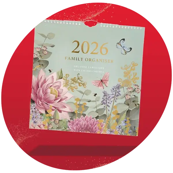 2026 family organizer calendar with a floral design of pink and purple flowers, green leaves, and butterflies on a light background, featuring gold text that reads 2026 Family Organiser.