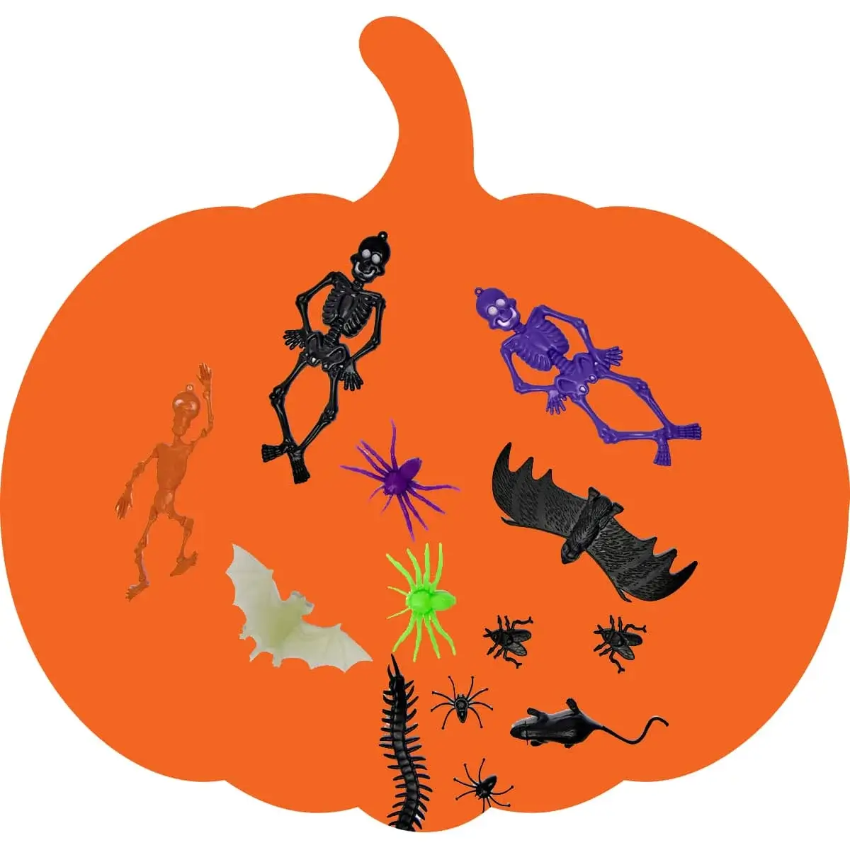 Halloween-themed assortment of skeletons, spiders, bats, insects, and a rat arranged inside an orange pumpkin shape.