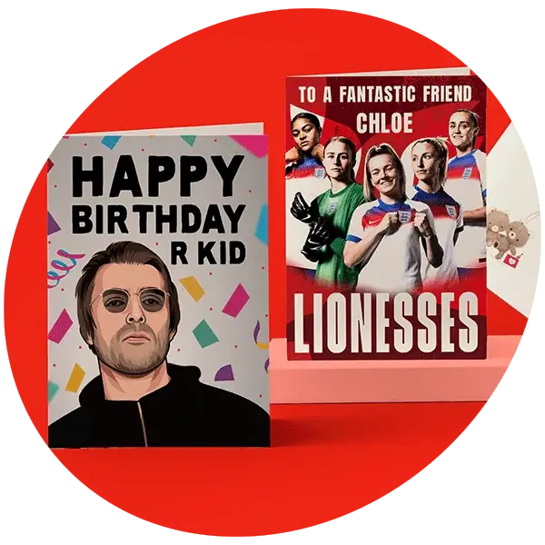 Two greeting cards are displayed against a red background. The card on the left features an illustrated portrait of a person wearing sunglasses with the text 'HAPPY BIRTHDAY R KID' surrounded by colorful confetti shapes. The card on the right shows five soccer players in England's national team jerseys, with the text 'TO A FANTASTIC FRIEND CHLOE LIONESSES