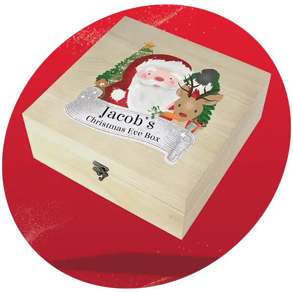 Wooden Christmas Eve box with festive design featuring Santa Claus, a reindeer, a Christmas tree, and personalized text on a red background with snow-like speckles. Wooden Christmas Eve box with festive design featuring Santa Claus, a reindeer, a Christmas tree, and personalized text on a red background with snow-like speckles.