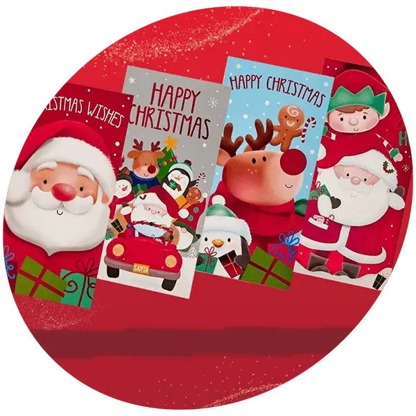Four colorful Christmas money wallet cards featuring festive designs including Santa Claus, a reindeer, an elf, and holiday gifts, displayed against a bright red background.