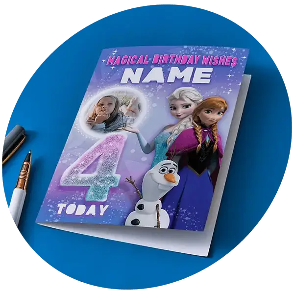 Personalised Disney Frozen birthday card featuring Elsa, Anna, Olaf and a photo upload area, displayed on a blue background.