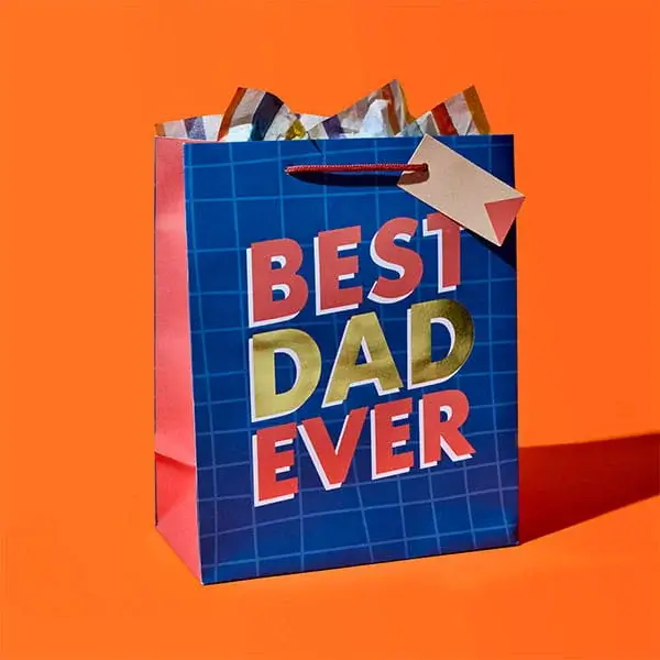 Blue gift bag on an orange background with the text Best Dad Ever and patterned tissue paper inside