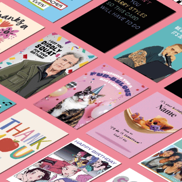 Assorted greeting cards and personalised designs arranged in a diagonal grid on a pink background