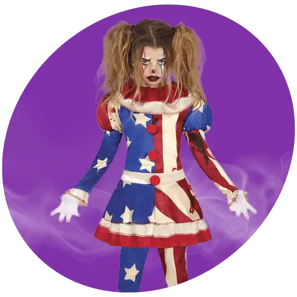 Harlequin-style clown fancy dress costume with red, white and blue star-patterned design, displayed against a purple background with mist effect.