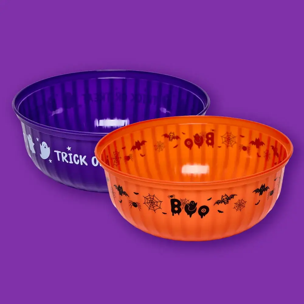 Orange and purple Halloween treat bowls featuring Boo, bats, spiders, ghosts, and Trick or Treat themed designs against a purple background.
