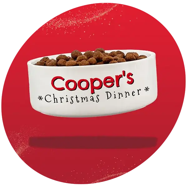 White pet food bowl filled with kibble labeled Coopers Christmas Dinner on a festive red background. White pet food bowl filled with kibble labeled Coopers Christmas Dinner on a festive red background.