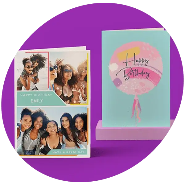 Two colorful birthday cards on a purple background, one featuring a photo collage design with text “Happy Birthday Emily” and “Have a Great Day,” and the other with a pastel balloon illustration and “Happy Birthday” text.