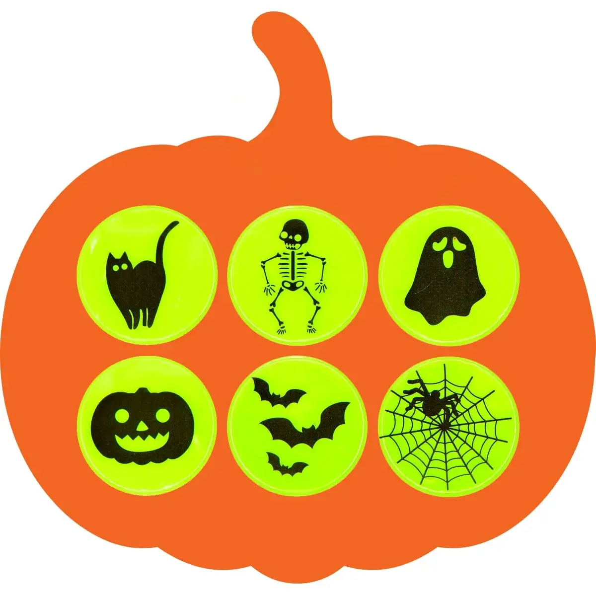 Orange pumpkin shape with six green circles featuring black Halloween silhouettes of a cat, skeleton, ghost, jack-o'-lantern, bats, and a spider on a web. Orange pumpkin shape with six green circles featuring black Halloween silhouettes of a cat, skeleton, ghost, jack-o'-lantern, bats, and a spider on a web.