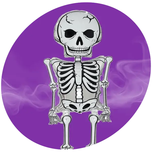 Skeleton Halloween hanging decoration with a white skeleton design and spooky mist effect against a purple background.