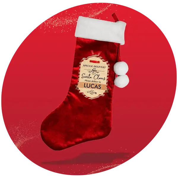 Red Christmas stocking with a white cuff and two white pom-poms, featuring a label that reads Special Delivery from Santa Claus, Please deliver to Lucas, set against a solid red glittery background.