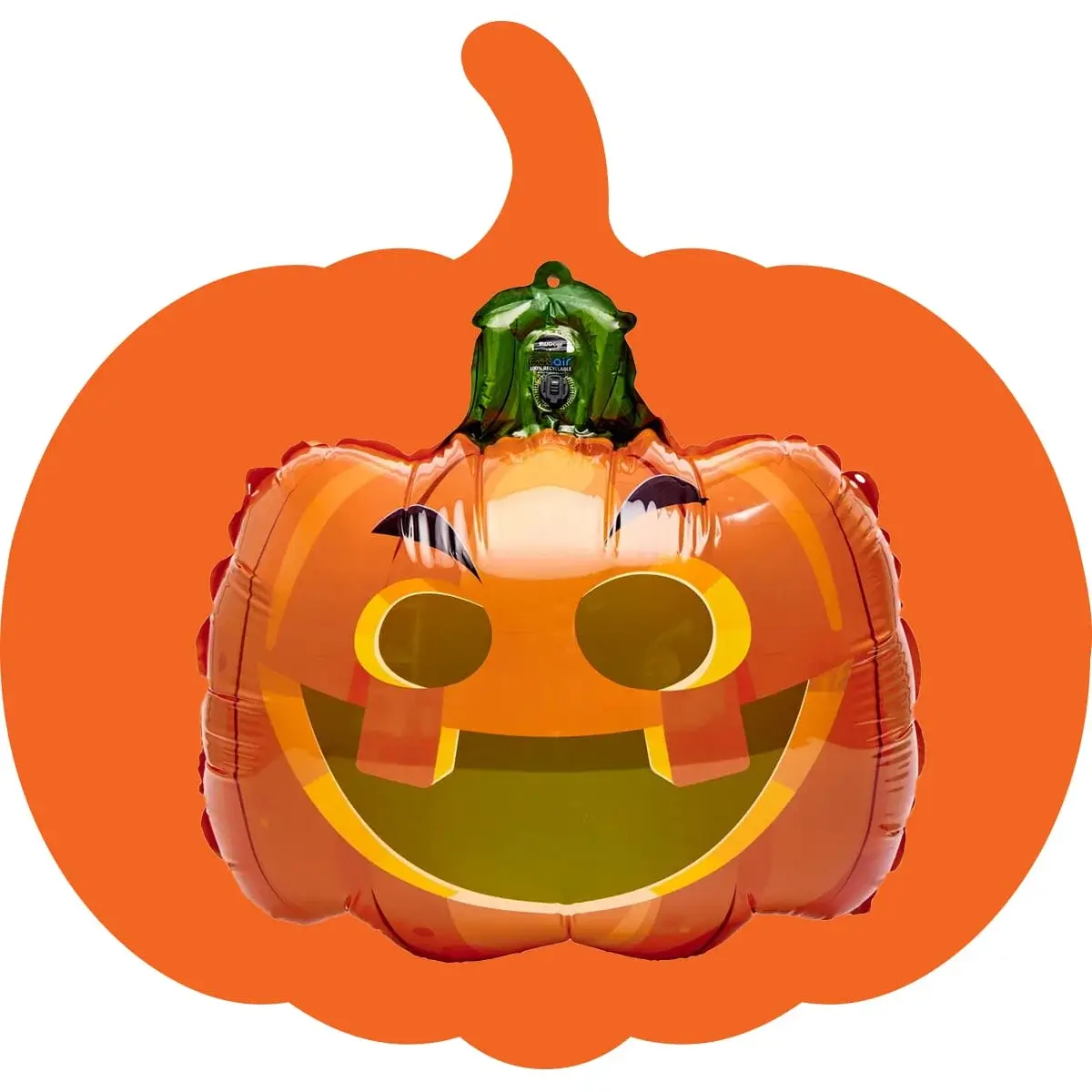 Orange pumpkin-shaped balloon with a smiling jack-o'-lantern face and green stem on a pumpkin-shaped orange background.