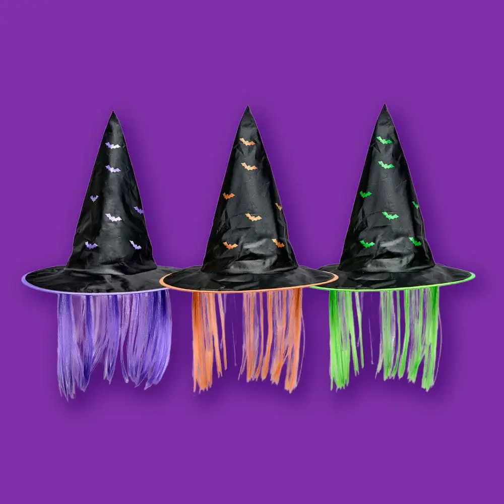 Black witch hats with colourful purple, orange and green hair attachments, decorated with bat patterns against a purple background.
