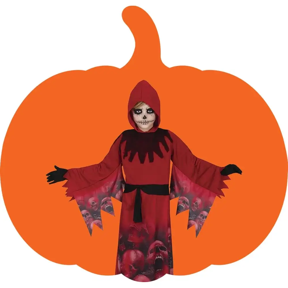 Person in a red hooded Halloween costume with skull prints and face paint, standing in front of a pumpkin-shaped background. Person in a red hooded Halloween costume with skull prints and face paint, standing in front of a pumpkin-shaped background.