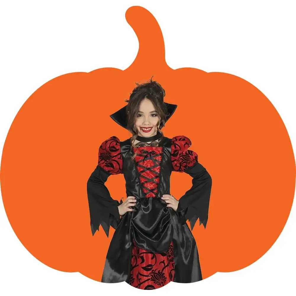 Person in a red and black Halloween costume with puffed sleeves and lace-up bodice, standing in front of a pumpkin-shaped background. Person in a red and black Halloween costume with puffed sleeves and lace-up bodice, standing in front of a pumpkin-shaped background.