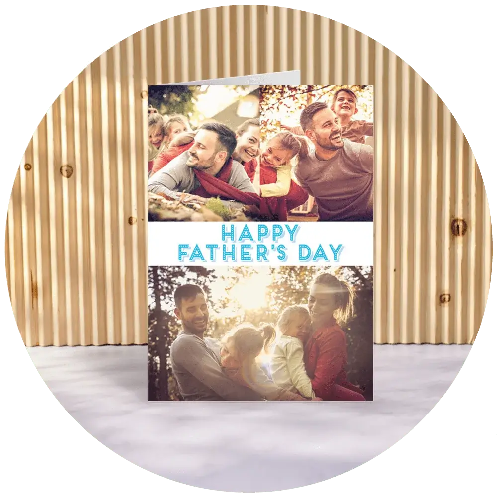 A Father's Day card with two photos of a family. The top photo shows a group of people sitting around a table outdoors, enjoying a meal. The bottom photo shows the same group standing together and smiling with sunlight shining through the trees in the background. The text 'HAPPY FATHER'S DAY' is written in blue capital letters between the two photos. A Father's Day card with two photos of a family. The top photo shows a group of people sitting around a table outdoors, enjoying a meal. The bottom photo shows the same group standing together and smiling with sunlight shining through the trees in the background. The text 'HAPPY FATHER'S DAY' is written in blue capital letters between the two photos.