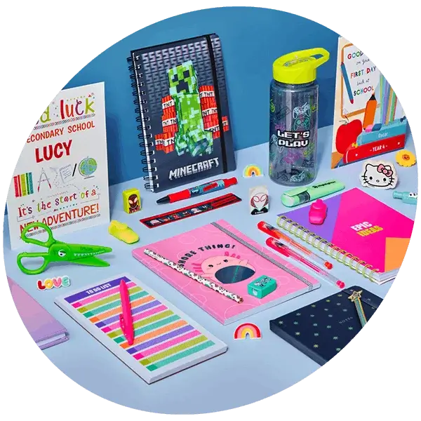 Back to school stationery collection featuring notebooks, pens, pencils, water bottle, stickers, and character-themed school supplies on a blue background.