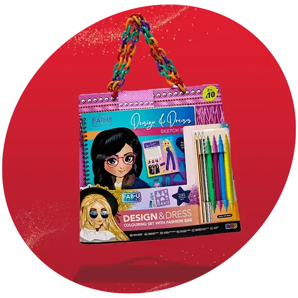 Design and Dress sketch and coloring set for kids with fashion-themed activity book, colored pencils, and illustrated packaging, featuring a 2 for £10 offer. Design and Dress sketch and coloring set for kids with fashion-themed activity book, colored pencils, and illustrated packaging, featuring a 2 for £10 offer.