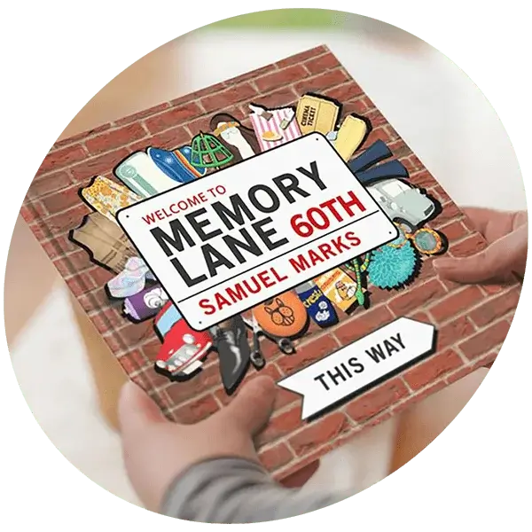 Hands holding a book with a brick wall cover and nostalgic items, featuring a sign that says Welcome to Memory Lane 60th Samuel Marks.